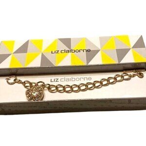 NIB Liz Claiborne Gold-Tone Heart Charm Bracelet With Crystals One Size